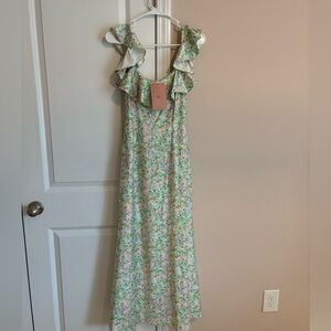Ava Off the Shoulder Ruffled Midi Dress, green floral
